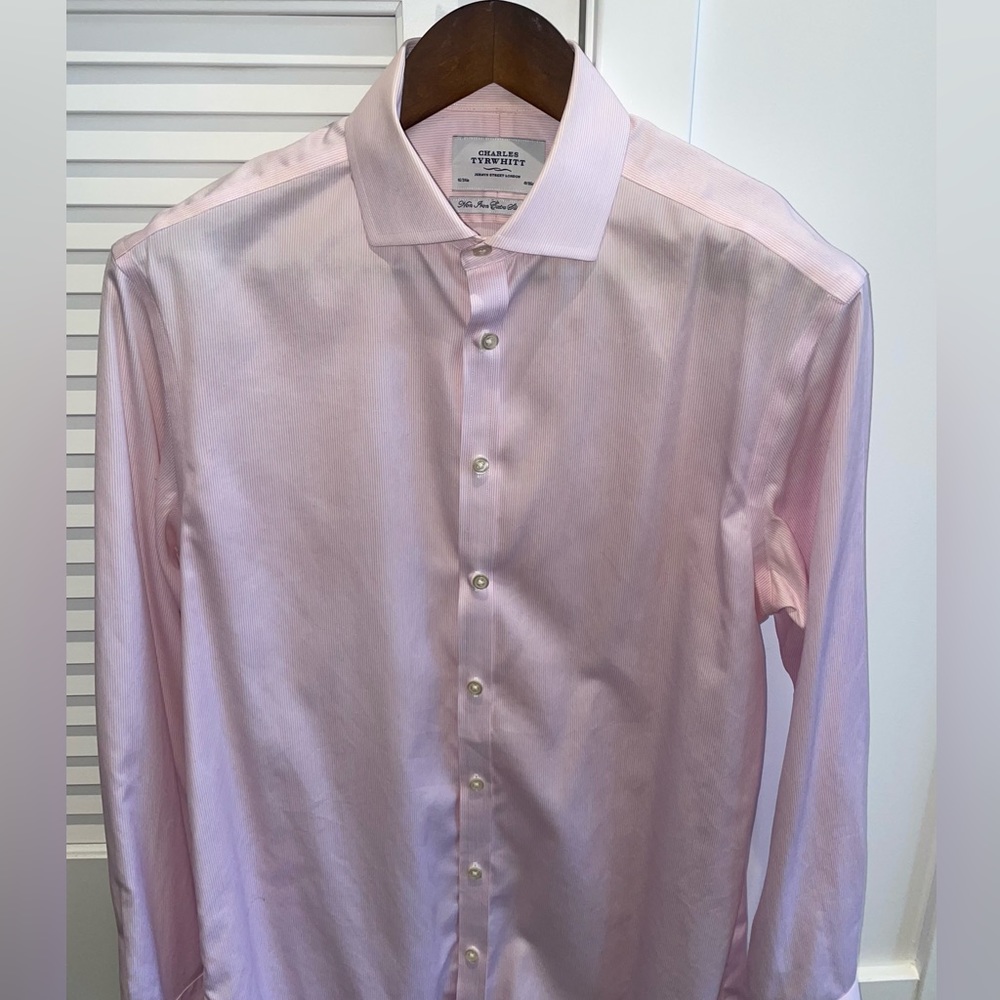 Charles Tyrwhitt pink and white striped dress shirt.